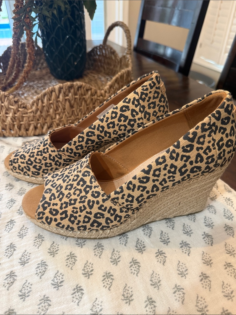 TOMS Leopard Print Espadrille Wedge Sandals - Tan/Black